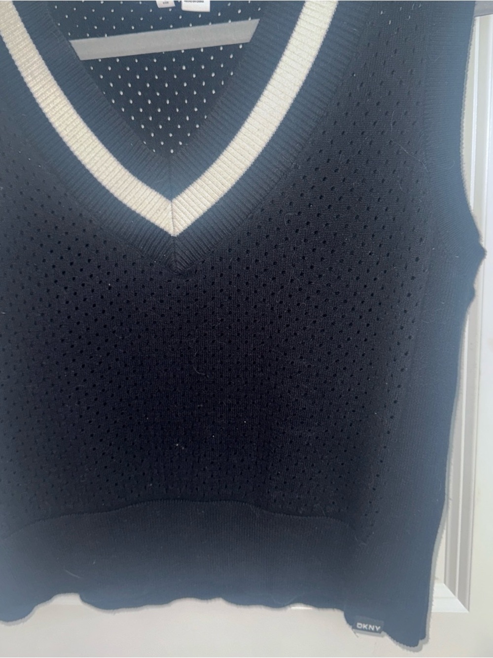 DKNY Black Sleeveless Knit Tank with Cream Stripe Neck